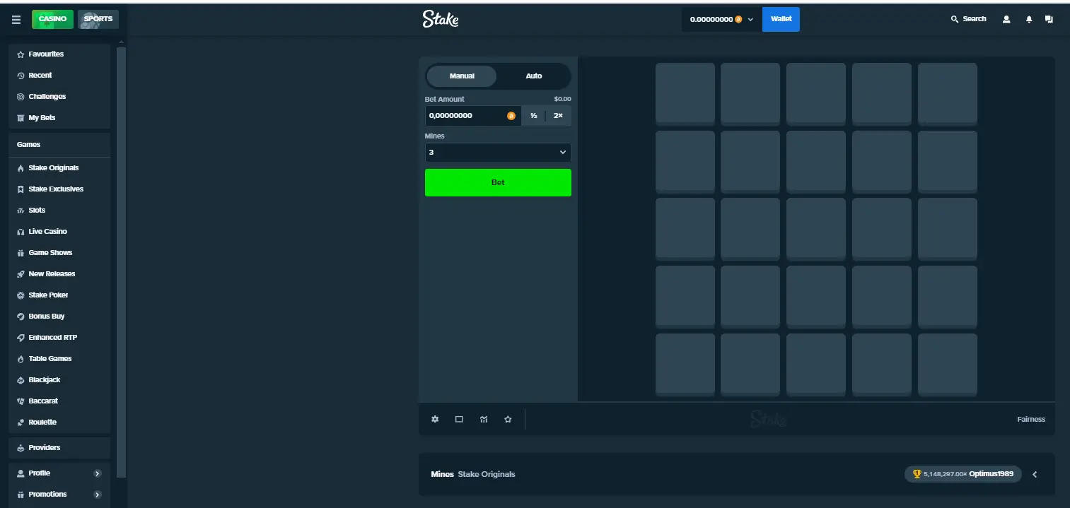 Stake Mines game interface